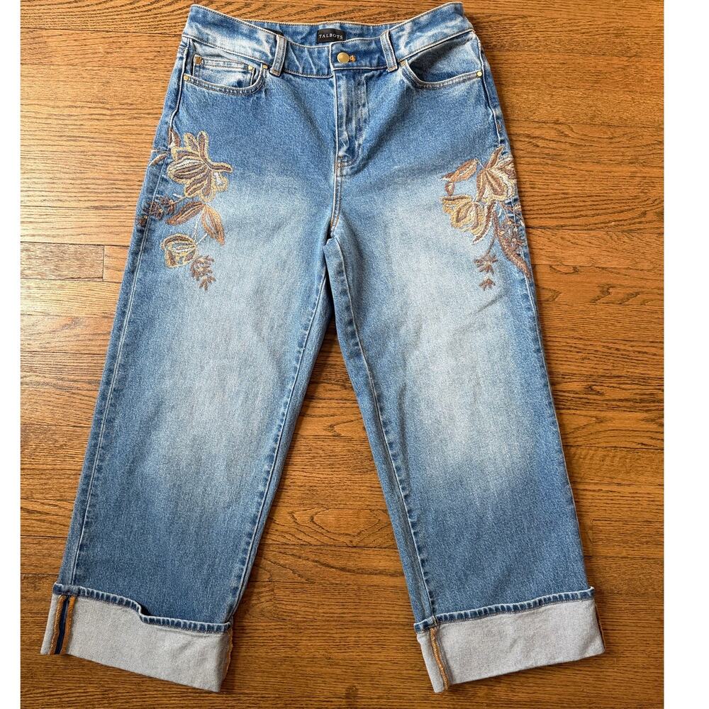 Talbots Straight Ankle Cuff Embroidered Jeans Autumn Wash Size 8